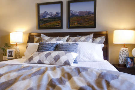 Modern master bedroom with large pictures and custom painted ceiling.のeditorial素材