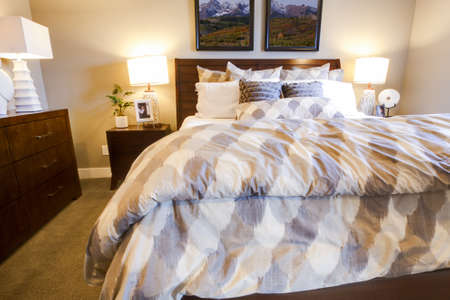 Modern master bedroom with large pictures and custom painted ceiling.のeditorial素材