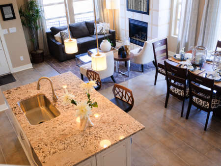 Modern dining room with table set for family dinner.のeditorial素材