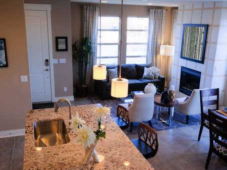 Modern kitchen with white cabinets and stainless appliances.のeditorial素材