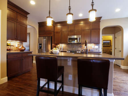 Modern kitchen with wood cabinets and stainless appliances.のeditorial素材