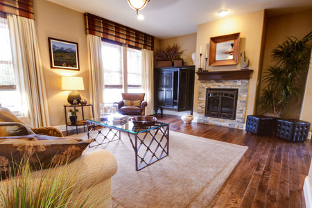 Modern living room with couch and coffee table.のeditorial素材