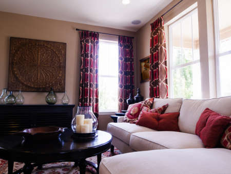 Modern living room with couch, coffee table, and fireplace.のeditorial素材