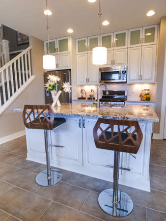 Modern kitchen with white cabinets and stainless appliances.のeditorial素材