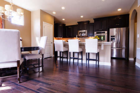 Modern kitchen with dark wood cabinets and hardwood floors.のeditorial素材