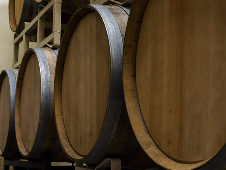 Wine barrels stacked in cellar area of vinery in Palosade, Colorado.