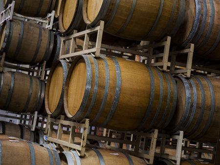 Wine barrels stacked in cellar area of vinery in Palosade, Colorado.