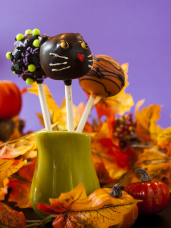 Halloween gourmet cake pops with purple backround.