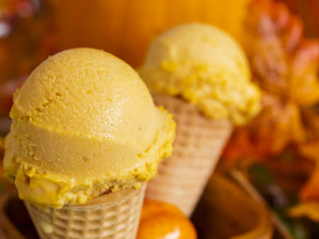 Scoop of gourmet pumpkin gelato in waffle cones.の写真素材