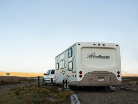Motorhome campsite near the lake on early morning late in the season.