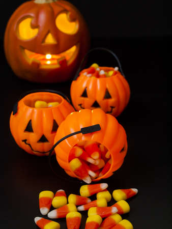 Lit jack-o'-lantern with Halloween pumpkin bags on black background.の写真素材