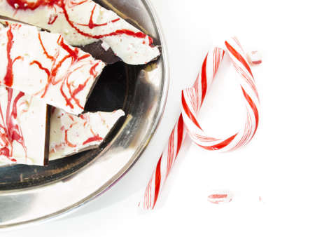 Traditional Christmas Chocolate Peppermint Bark sprinkled with peppermint candies.の写真素材