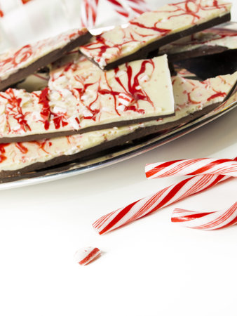 Traditional Christmas Chocolate Peppermint Bark sprinkled with peppermint candies.