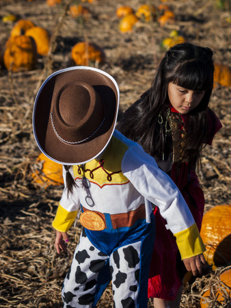 Sisters in Halloween costumes looking for big pumpkin on pumpkin patch.の写真素材