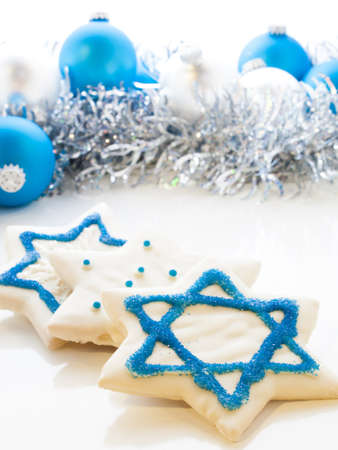 Gourmet cookies decorated with white icing for Hanukkah.の写真素材