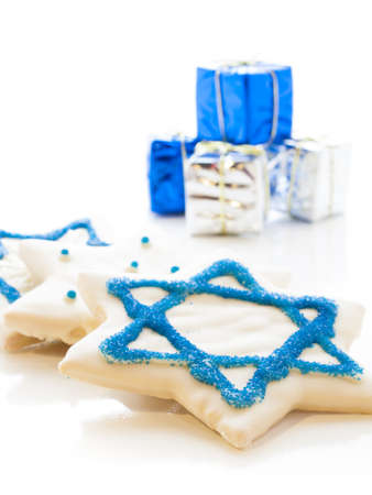 Gourmet cookies decorated with white icing for Hanukkah.の写真素材