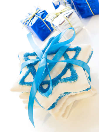 Gourmet cookies decorated with white icing for Hanukkah.の写真素材