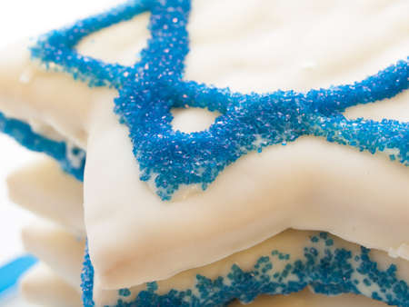 Gourmet cookies decorated with white icing for Hanukkah.の写真素材