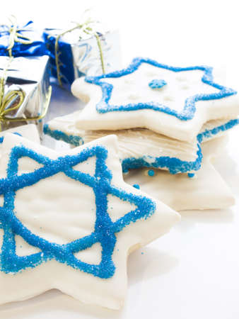 Gourmet cookies decorated with white icing for Hanukkah.の写真素材
