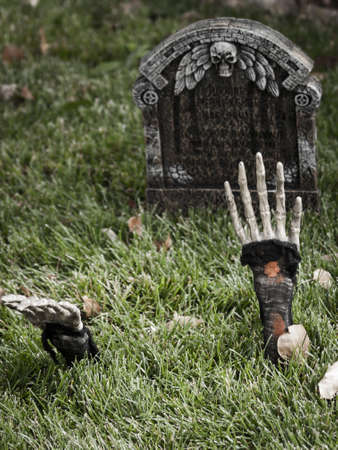 Halloween decorations in the front yard of a house on Halloween.の写真素材