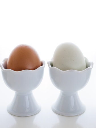 Fresh farm eggs in egg cups on white background.の写真素材