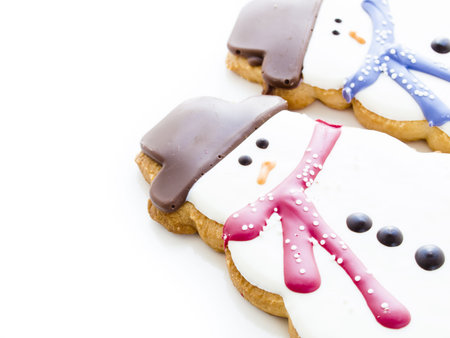 Gourmet snowman cookies on white background.の写真素材