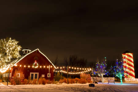 Historic farm decorated with Christmas lights.のeditorial素材