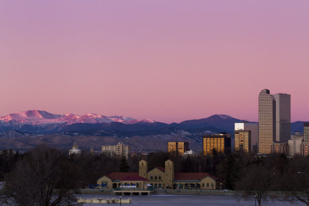 Denver skyline at sunrise in the winter.の写真素材