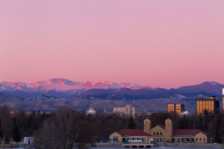 Denver skyline at sunrise in the winter.の写真素材