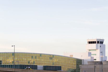 Tents of DIA at sunrise. Denver International Airport well known for peaked roof. Design of roof is reflecting snow-capped mountains.のeditorial素材
