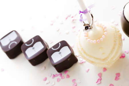 Chocolate cake pops decorated for wedding party.の写真素材