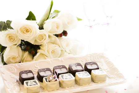 Small chocolates decorated for the wedding party.の写真素材