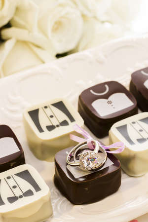 Small chocolates decorated for the wedding party.の写真素材