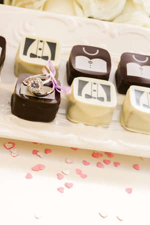 Small chocolates decorated for the wedding party.の写真素材