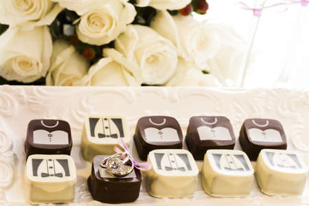 Small chocolates decorated for the wedding party.の写真素材