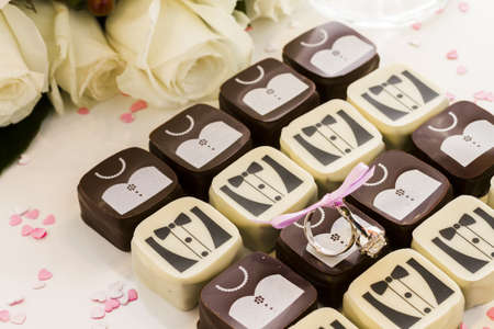 Small chocolates decorated for the wedding party.の写真素材