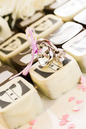 Small chocolates decorated for the wedding party.の写真素材