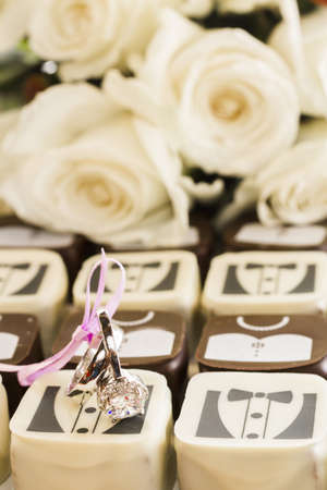 Small chocolates decorated for the wedding party.の写真素材