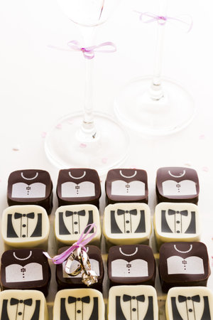 Small chocolates decorated for the wedding party.の写真素材