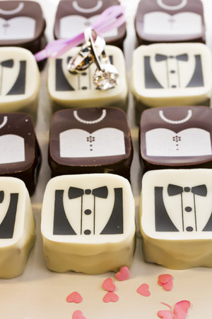 Small chocolates decorated for the wedding party.の写真素材