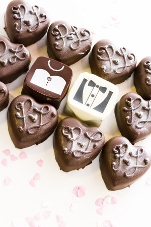 Small chocolates decorated for the wedding party.の写真素材