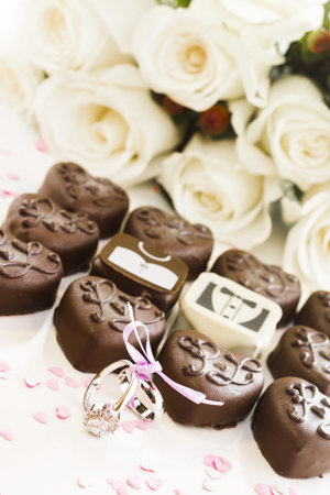 Small chocolates decorated for the wedding party.の写真素材