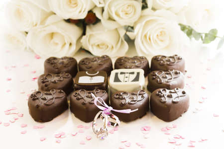 Small chocolates decorated for the wedding party.の写真素材