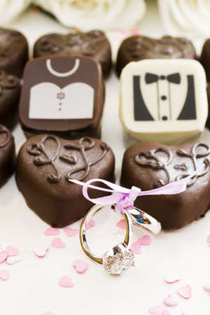 Small chocolates decorated for the wedding party.の写真素材
