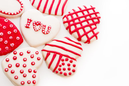 Gourtmet heart shaped cookies decorated for Valentine's Day.の写真素材