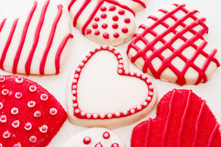 Gourtmet heart shaped cookies decorated for Valentine's Day.の写真素材