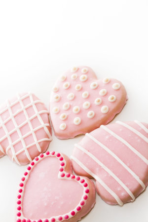 Gourtmet heart shaped cookies decorated for Valentine's Day.の写真素材