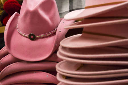 Pink cowboy hats on dispaly in the store.の写真素材