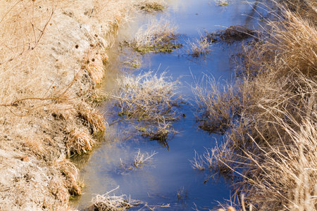 Drainage ditch filled with little water.の写真素材