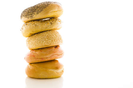 A variety of delicious, freshly baked bagels.の写真素材